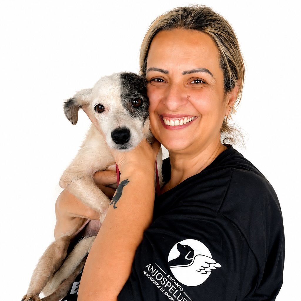 Luciula do Recanto segurando um cachorro